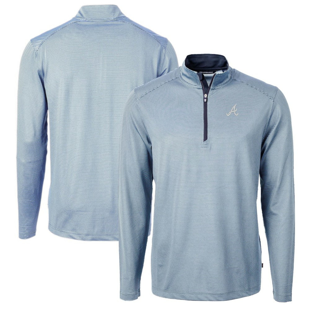 Atlanta Braves Cutter & Buck Virtue Eco Pique Micro Stripe Recycled Quarter-Zip Pullover Top - Light Blue/Navy