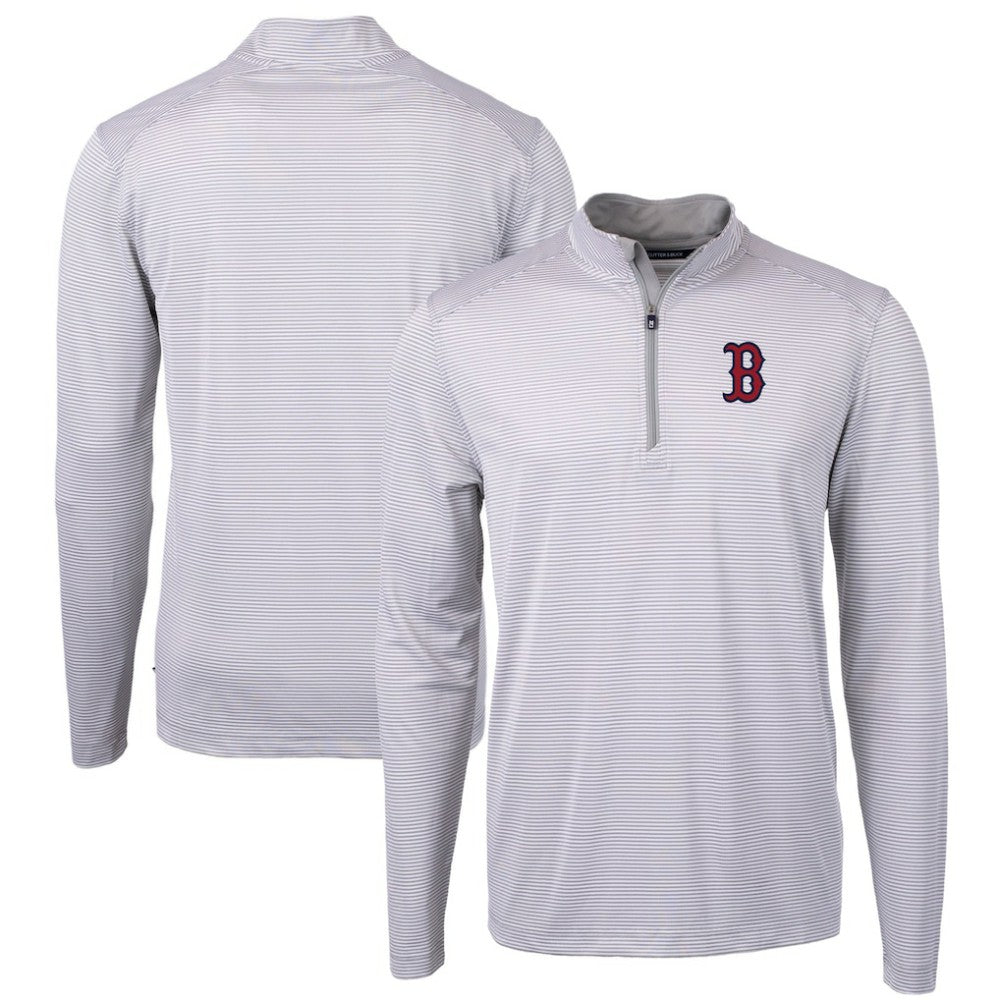 Boston Red Sox Cutter & Buck Virtue Eco Pique Micro Stripe Recycled Quarter-Zip Pullover Top - Gray/White