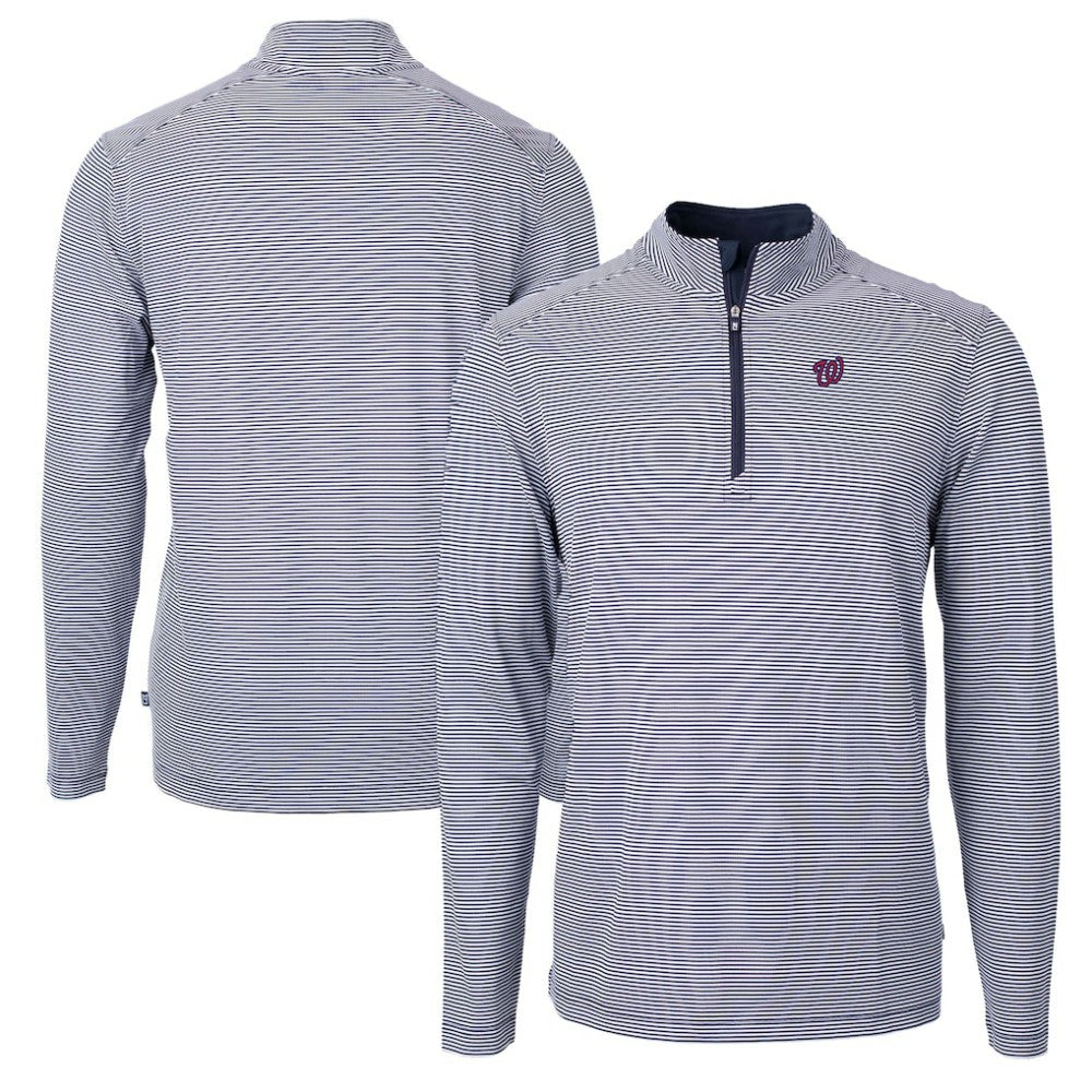 Washington Nationals Cutter & Buck Virtue Eco Pique Micro Stripe Recycled Quarter-Zip Pullover Top - Navy/White