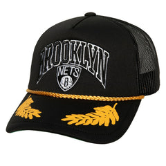 Brooklyn Nets Hardwood Classics Gold Leaf Mesh Trucker Snapback Hat - Black | Mitchell & Ness on sale