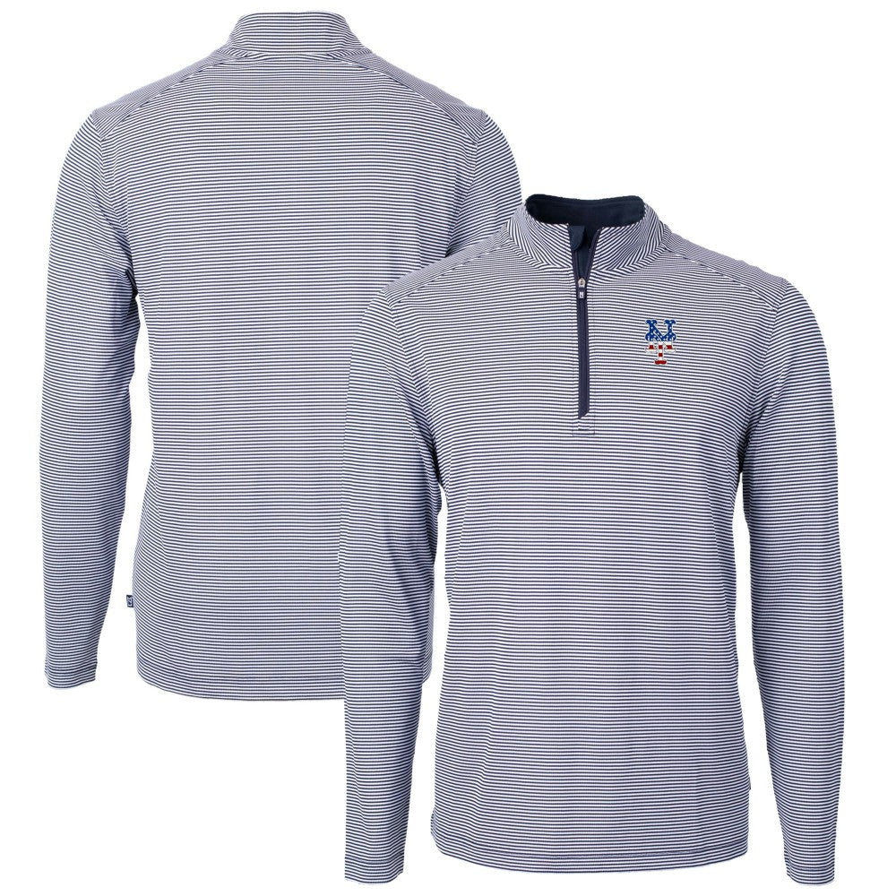 New York Mets Cutter & Buck Americana Logo Virtue Eco Pique Stripe Recycled Quarter-Zip Pullover Top - Navy