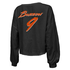 NFL Cincinnati Bengals Joe Burrow Majestic Threads Women's Name & Number Off-Shoulder Script Cropped Long Sleeve Relaxed V-Neck T-Shirt