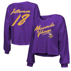 NFL Minnesota Vikings Justin Jefferson Majestic Threads Women's Name & Number Off-Shoulder Script Cropped Long Sleeve V-Neck T-Shirt
