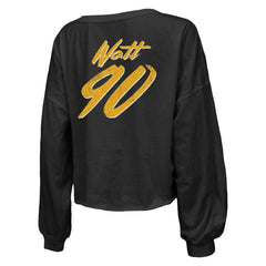 NFL Pittsburgh Steelers T.J. Watt Majestic Threads Women's Name & Number Off-Shoulder Script Cropped Long Sleeve Relaxed V-Neck T-Shirt