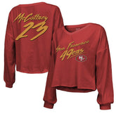 NFL San Francisco 49ers Christian McCaffrey Majestic Threads Women's Name & Number Off-Shoulder Script Cropped Long Sleeve V-Neck T-Shirt
