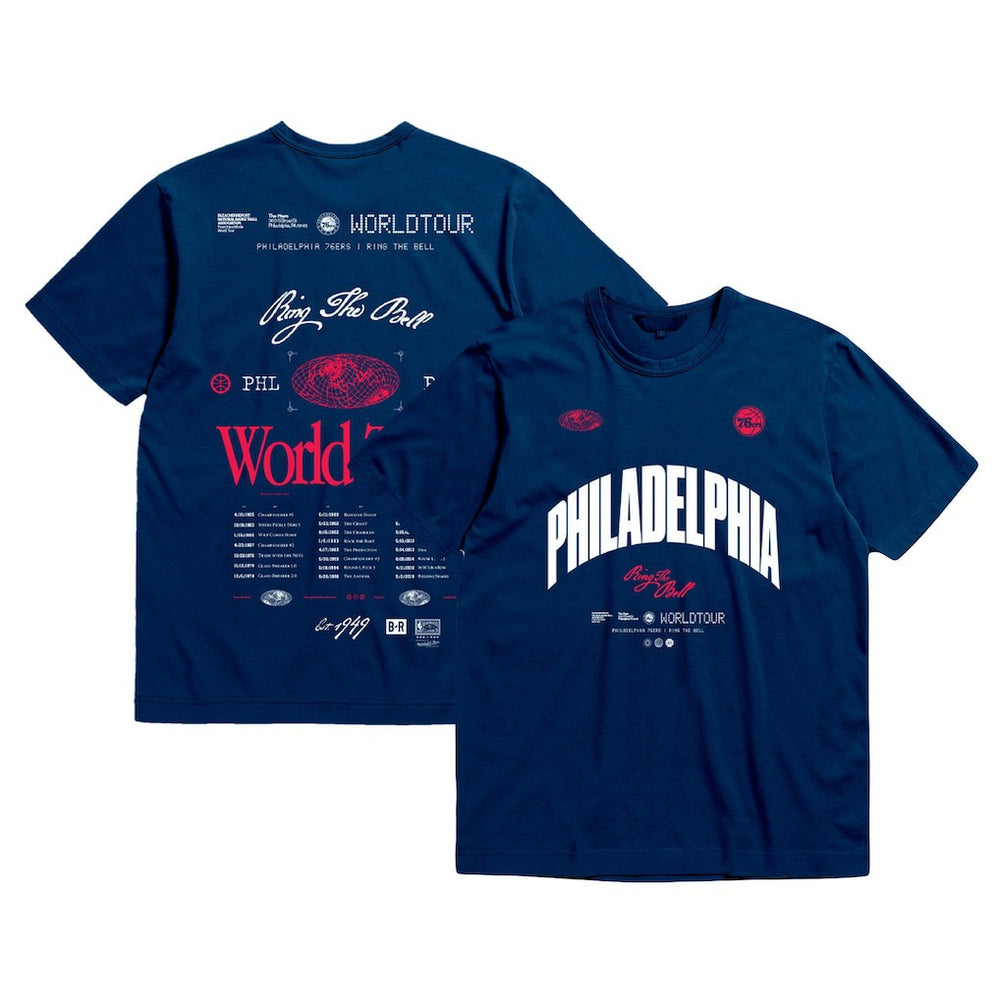 Philadelphia 76ers Bleacher Report x Unisex World Tour T-Shirt - Navy | Mitchell & Ness for sale