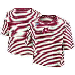 Philadelphia Phillies Women's Cooperstown Collection Striped Cropped T-Shirt - Burgundy/Cream | Nike