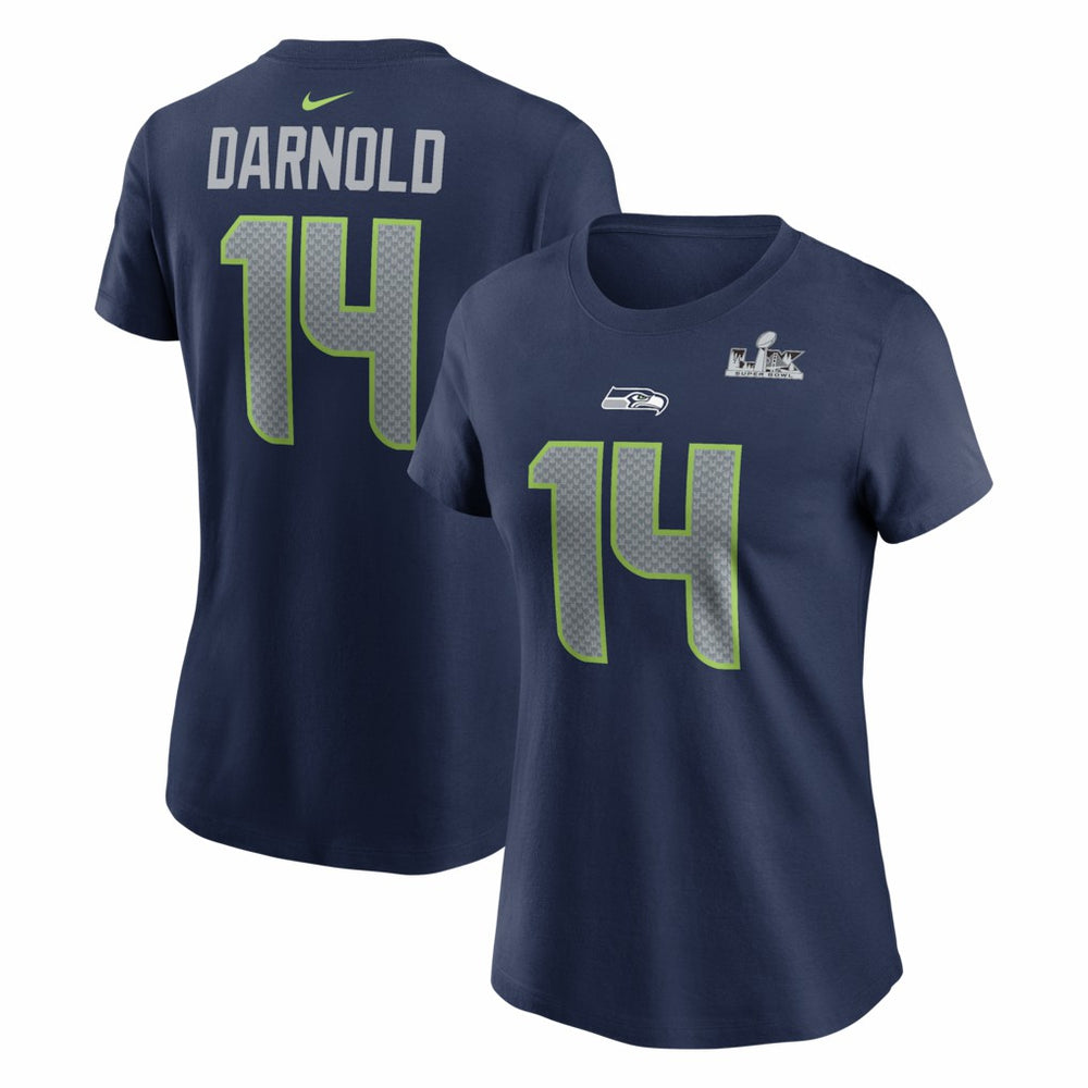 NFL Seattle Seahawks Sam Darnold Women's Super Bowl LX Patch Name & Number T-Shirt