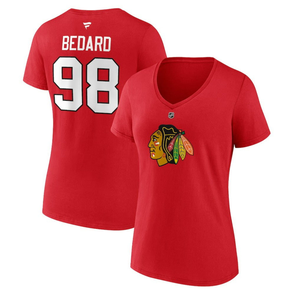 Connor Bedard Chicago Blackhawks Fanatics Women's Authentic Stack Name & Number V-Neck T-Shirt