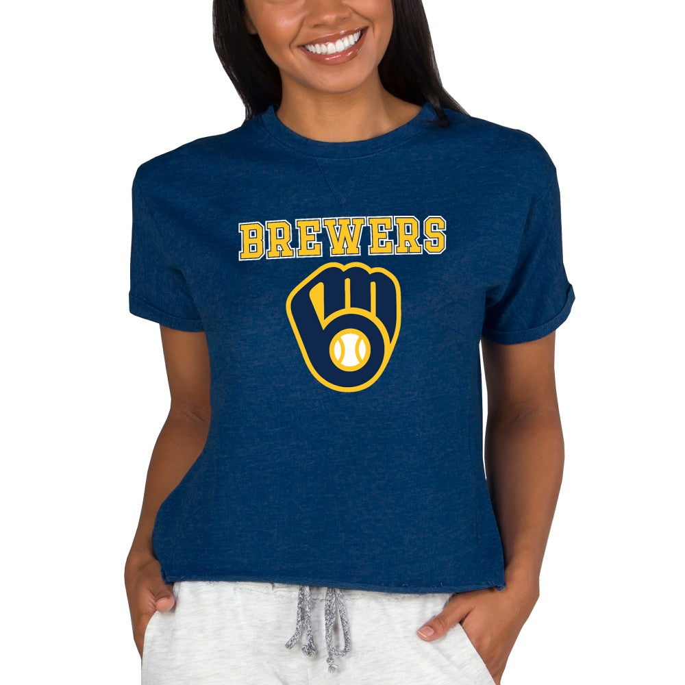 Milwaukee Brewers Concepts Sport Women's Tri-Blend Mainstream Terry Short Sleeve Sweatshirt Top - Navy