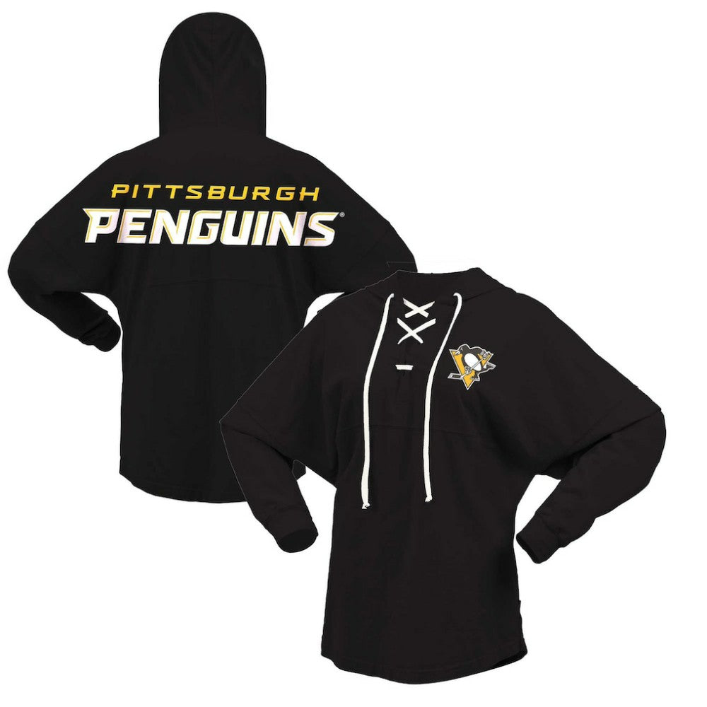 Pittsburgh Penguins Fanatics Women's Jersey Lace-Up V-Neck Long Sleeve Hoodie T-Shirt