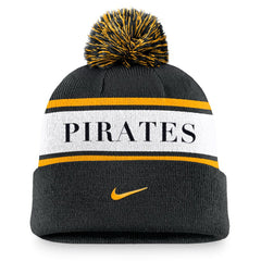 Pittsburgh Pirates Team Stripe Peak Cuffed Knit Hat with Pom - Black | Nike