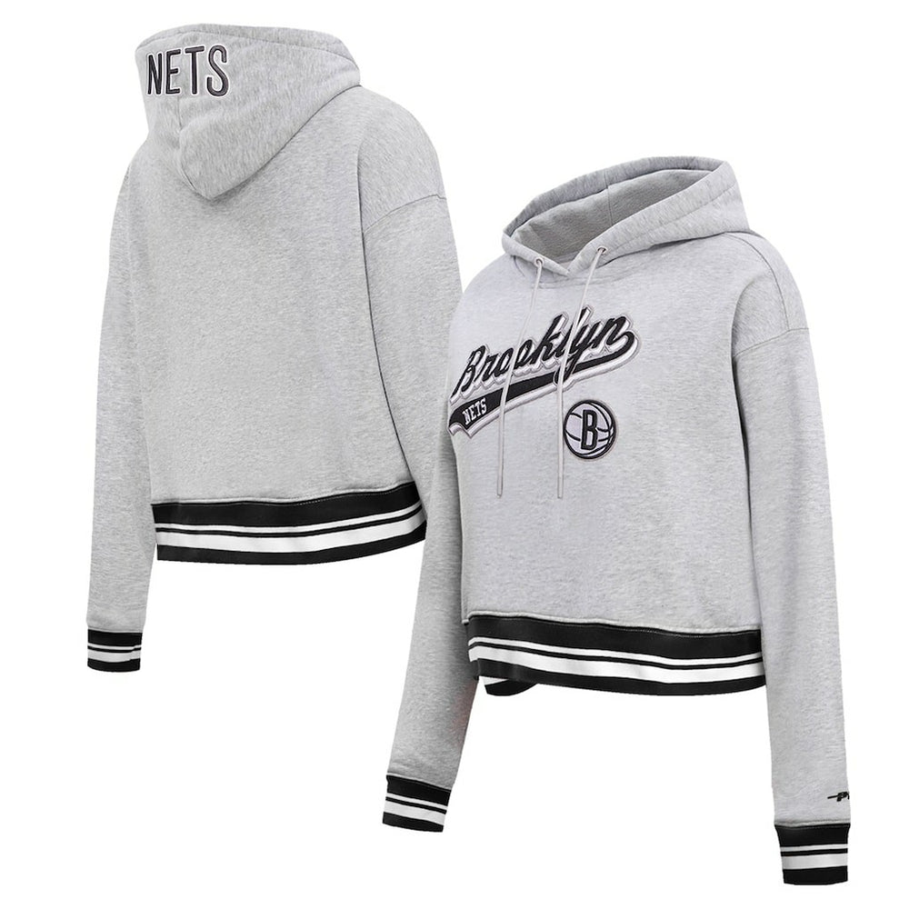 Brooklyn Nets Pro Standard Women's Script Tail Cropped Pullover Hoodie - Heather Gray shop