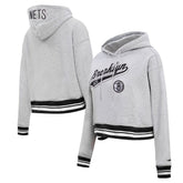 Brooklyn Nets Pro Standard Women's Script Tail Cropped Pullover Hoodie - Heather Gray shop
