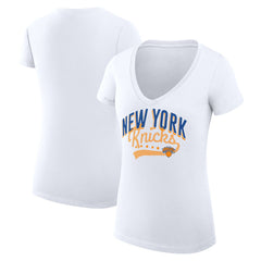 New York Knicks G-III 4Her by Carl Banks Women's Super-Slim Fit Lightweight Filigree Logo V-Neck T-Shirt - White sale