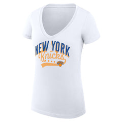 New York Knicks G-III 4Her by Carl Banks Women's Super-Slim Fit Lightweight Filigree Logo V-Neck T-Shirt - White sale