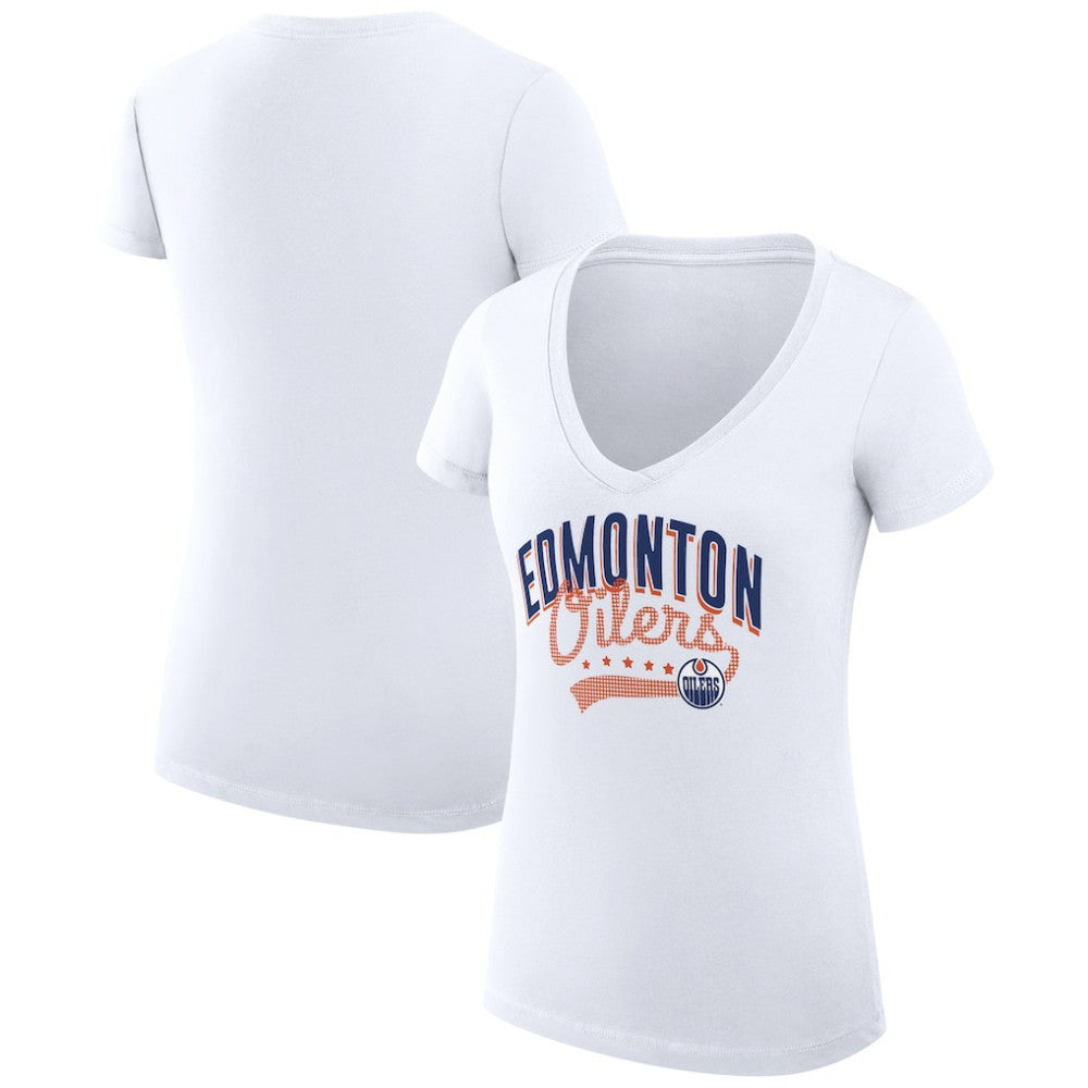 Edmonton Oilers G-III 4Her by Carl Banks Women's Super-Slim Fit Lightweight Filigree Logo V-Neck T-Shirt – White
