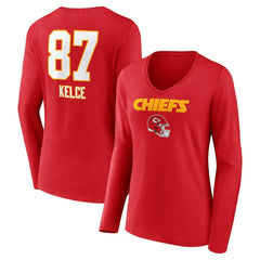 NFL Kansas City Chiefs Travis Kelce Women's Team Wordmark Player Name & Number Long Sleeve V-Neck T-Shirt