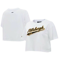 Pittsburgh Penguins Pro Standard Women's Boxy Script Tail Cropped T-Shirt