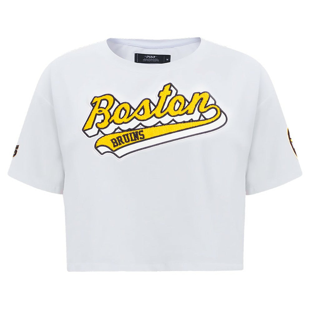 Boston Bruins Pro Standard Women's Boxy Script Tail Cropped T-Shirt