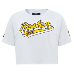 Boston Bruins Pro Standard Women's Boxy Script Tail Cropped T-Shirt