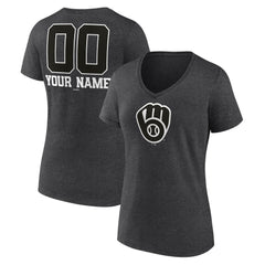 Milwaukee Brewers Women's Personalized Monochrome Name & Number V-Neck T-Shirt - Charcoal