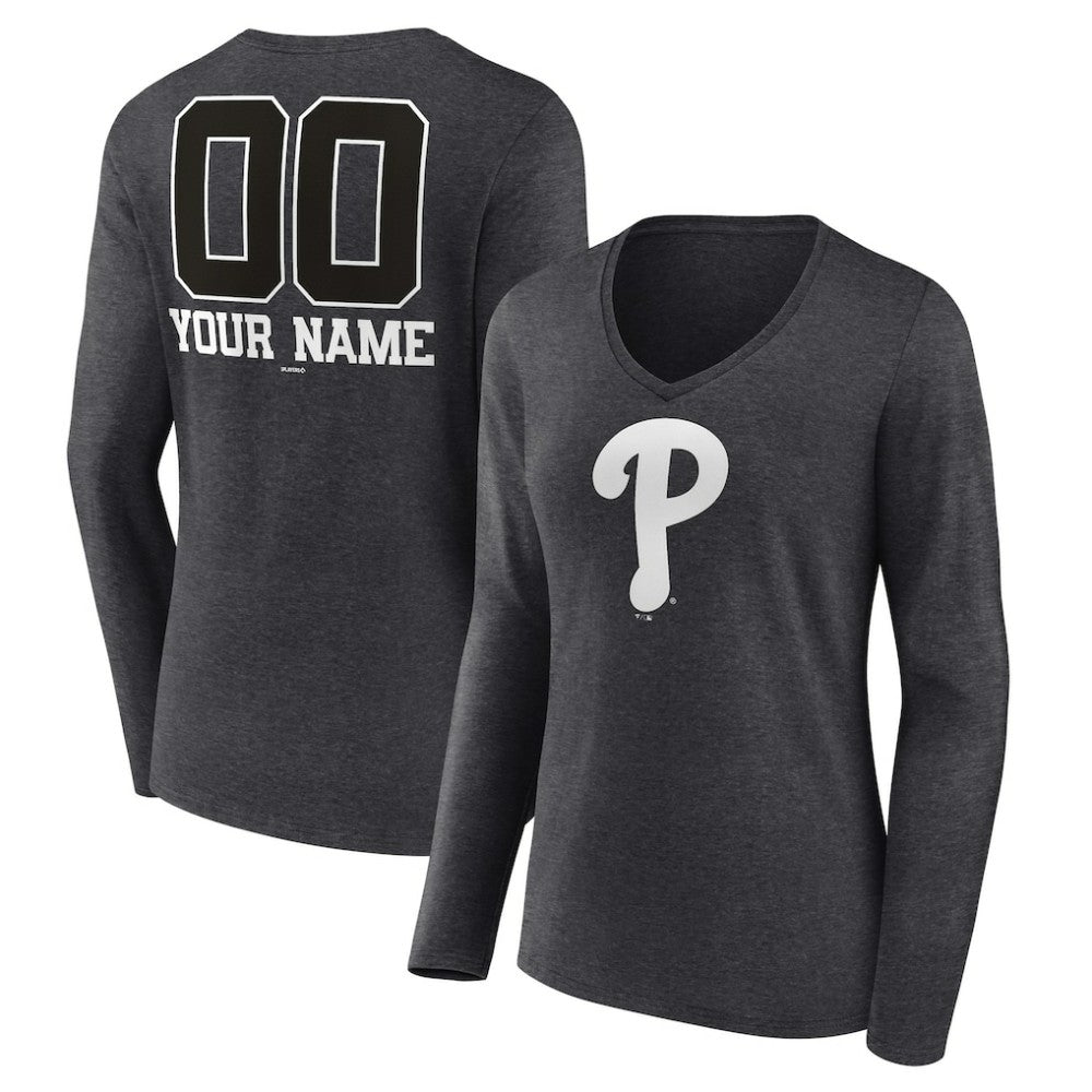 Philadelphia Phillies Women's Personalized Monochrome Name & Number Long Sleeve V-Neck T-Shirt - Charcoal