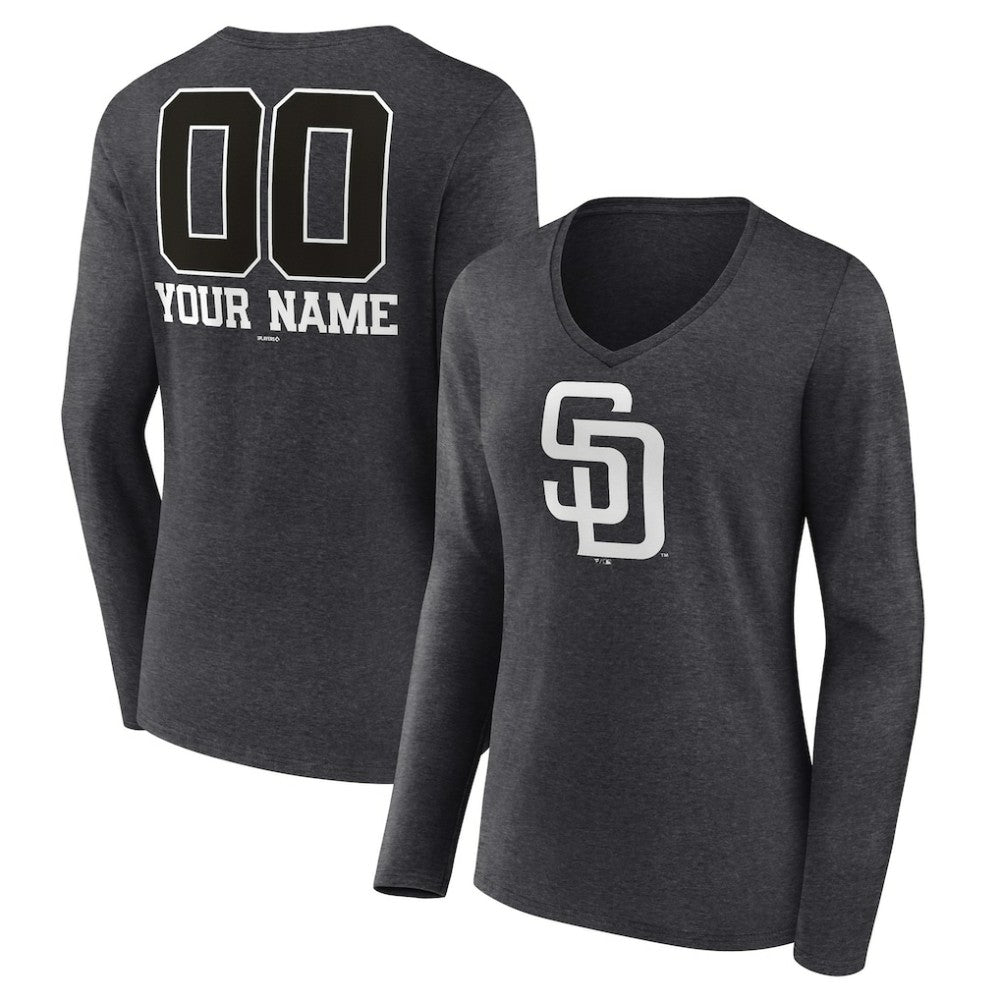 San Diego Padres Women's Personalized Monochrome Name & Number Long Sleeve V-Neck T-Shirt - Charcoal