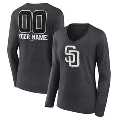 San Diego Padres Women's Personalized Monochrome Name & Number Long Sleeve V-Neck T-Shirt - Charcoal