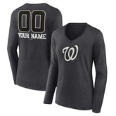Washington Nationals Women's Personalized Monochrome Name & Number Long Sleeve V-Neck T-Shirt - Charcoal