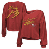 NFL San Francisco 49ers Brock Purdy Majestic Threads Women's Name & Number Off-Shoulder Script Cropped Long Sleeve Relaxed V-Neck T-Shirt