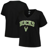 Milwaukee Bucks Profile Women's Plus Size Arch Over Logo V-Neck T-Shirt - Black sale