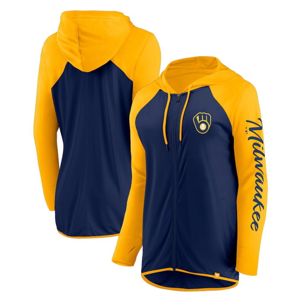 Milwaukee Brewers Women's Script Sleeve Full-Zip Hoodie - Navy/Gold