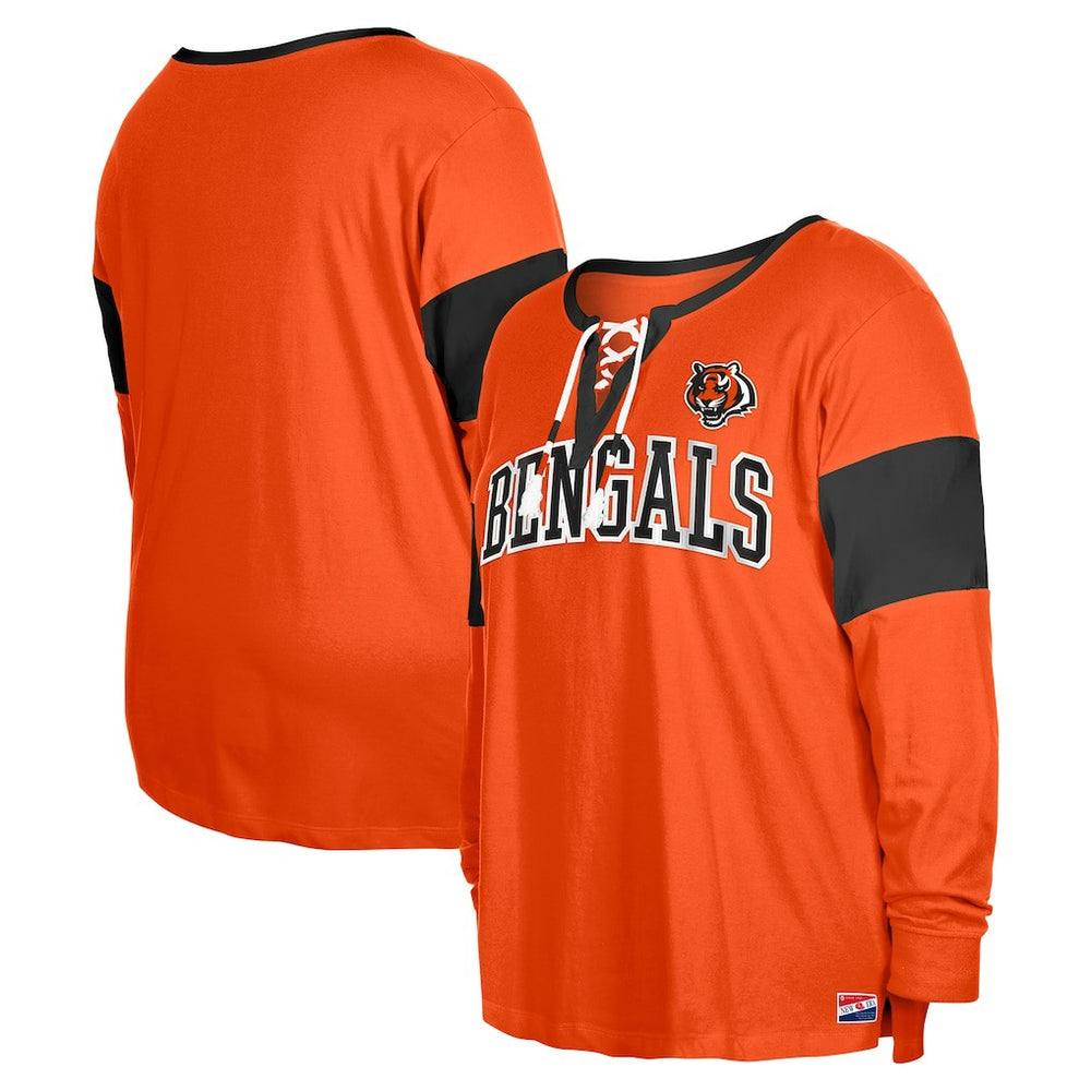 NFL Cincinnati Bengals Women's Plus Size Lace-Up Notch Neck Long Sleeve T-Shirt