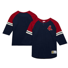 Boston Red Sox Cooperstown Collection Legendary Raglan Slub Henley 3/4-Sleeve T-Shirt - Navy | Mitchell & Ness