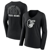 Baltimore Orioles Women's Monochrome Personalized Name & Number Long Sleeve V-Neck T-Shirt - Black
