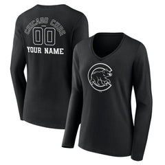 Chicago Cubs Women's Monochrome Personalized Name & Number Long Sleeve V-Neck T-Shirt - Black