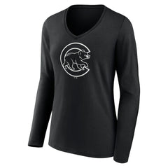 Chicago Cubs Women's Monochrome Personalized Name & Number Long Sleeve V-Neck T-Shirt - Black