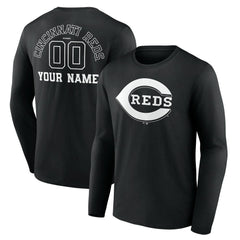 Cincinnati Reds Monochrome Personalized Name & Number Long Sleeve T-Shirt - Black