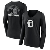Detroit Tigers Women's Monochrome Personalized Name & Number Long Sleeve V-Neck T-Shirt - Black