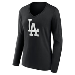 Los Angeles Dodgers Women's Monochrome Personalized Name & Number Long Sleeve V-Neck T-Shirt - Black
