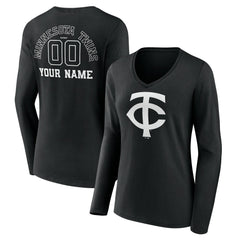 Minnesota Twins Women's Monochrome Personalized Name & Number Long Sleeve V-Neck T-Shirt - Black