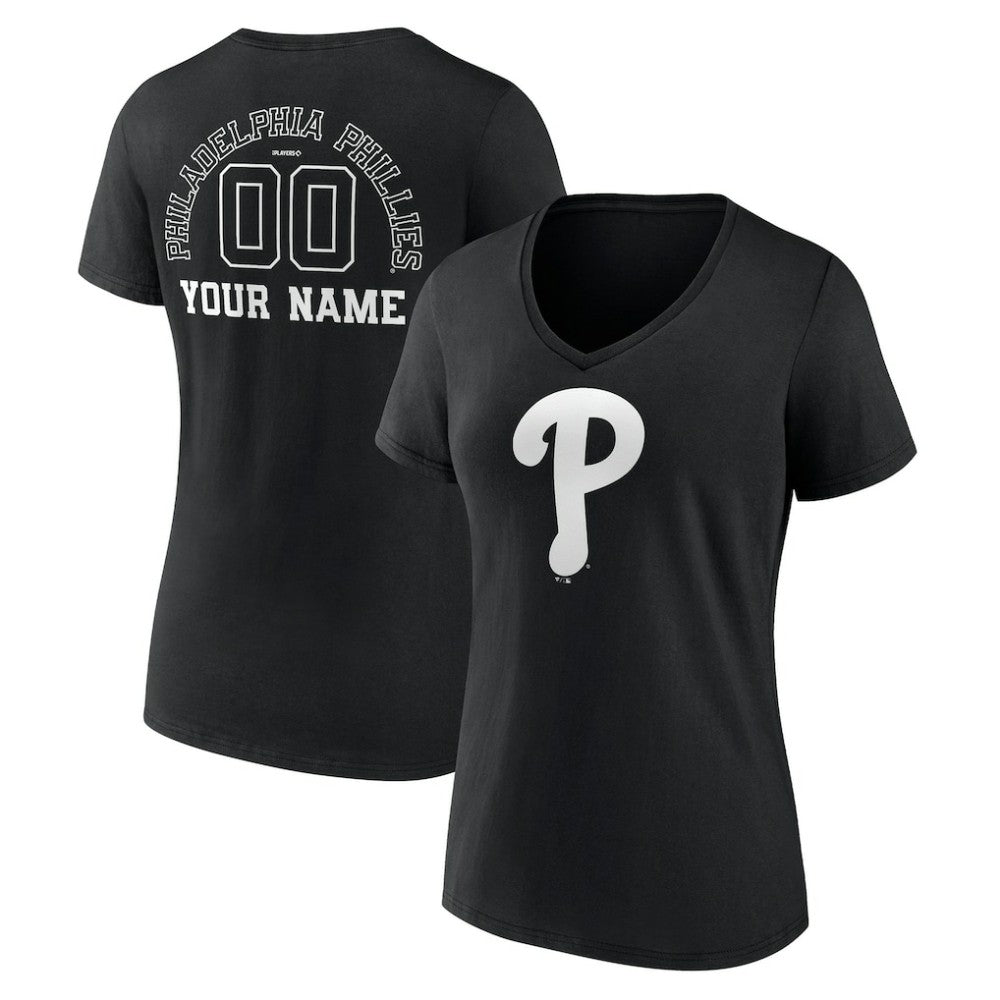 Philadelphia Phillies Women's Monochrome Personalized Name & Number V-Neck T-Shirt - Black