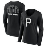 Pittsburgh Pirates Women's Monochrome Personalized Name & Number Long Sleeve V-Neck T-Shirt - Black