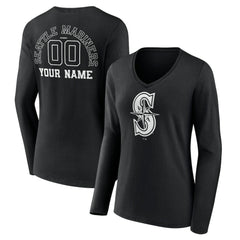 Seattle Mariners Women's Monochrome Personalized Name & Number Long Sleeve V-Neck T-Shirt - Black