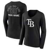 Tampa Bay Rays Women's Monochrome Personalized Name & Number Long Sleeve V-Neck T-Shirt - Black