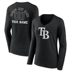 Tampa Bay Rays Women's Monochrome Personalized Name & Number Long Sleeve V-Neck T-Shirt - Black