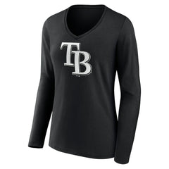 Tampa Bay Rays Women's Monochrome Personalized Name & Number Long Sleeve V-Neck T-Shirt - Black