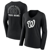 Washington Nationals Women's Monochrome Personalized Name & Number Long Sleeve V-Neck T-Shirt - Black