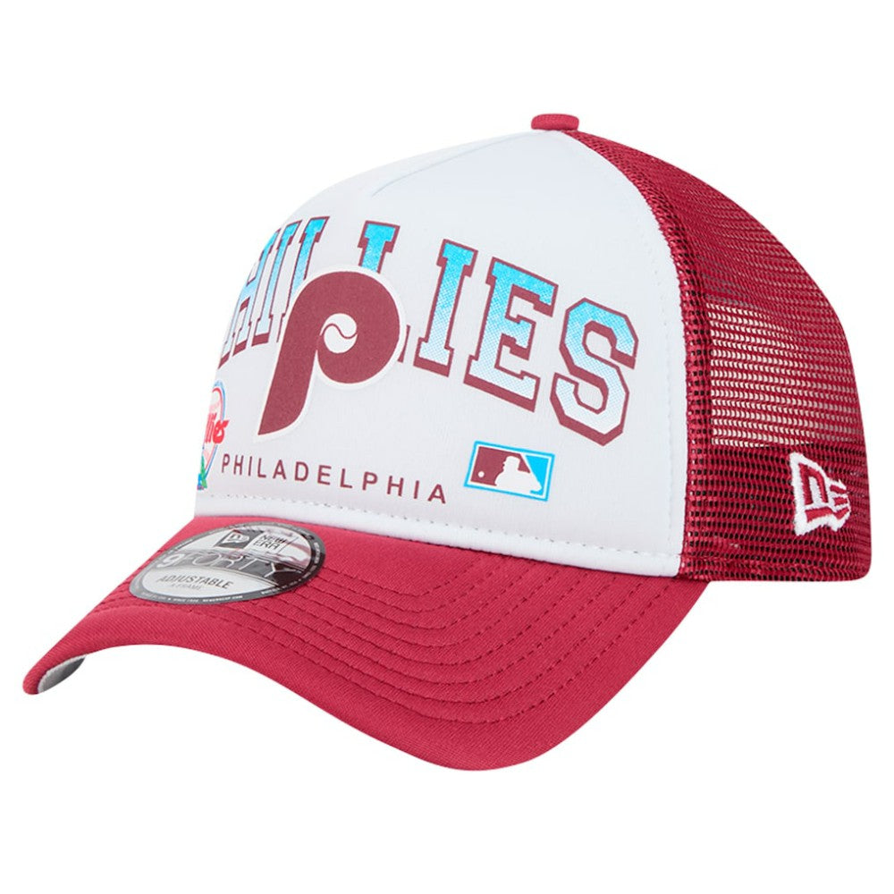 Philadelphia Phillies Retro Wordmark 9FORTY A-Frame Trucker Adjustable Hat - White | New Era